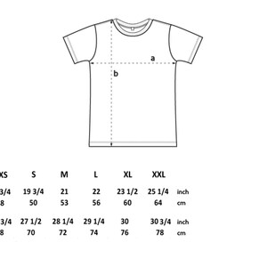 May include: Size chart for a t-shirt with measurements in inches and centimeters. The chart shows the measurements for the chest (a) and length (b) of the shirt in sizes XS, S, M, L, XL, and XXL.