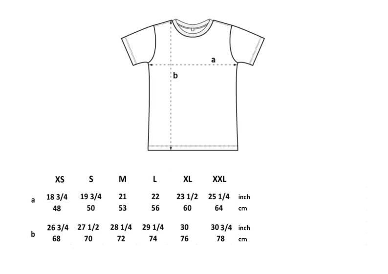 May include: Size chart for a t-shirt with measurements in inches and centimeters. The chart shows the measurements for the chest (a) and length (b) of the shirt in sizes XS, S, M, L, XL, and XXL.