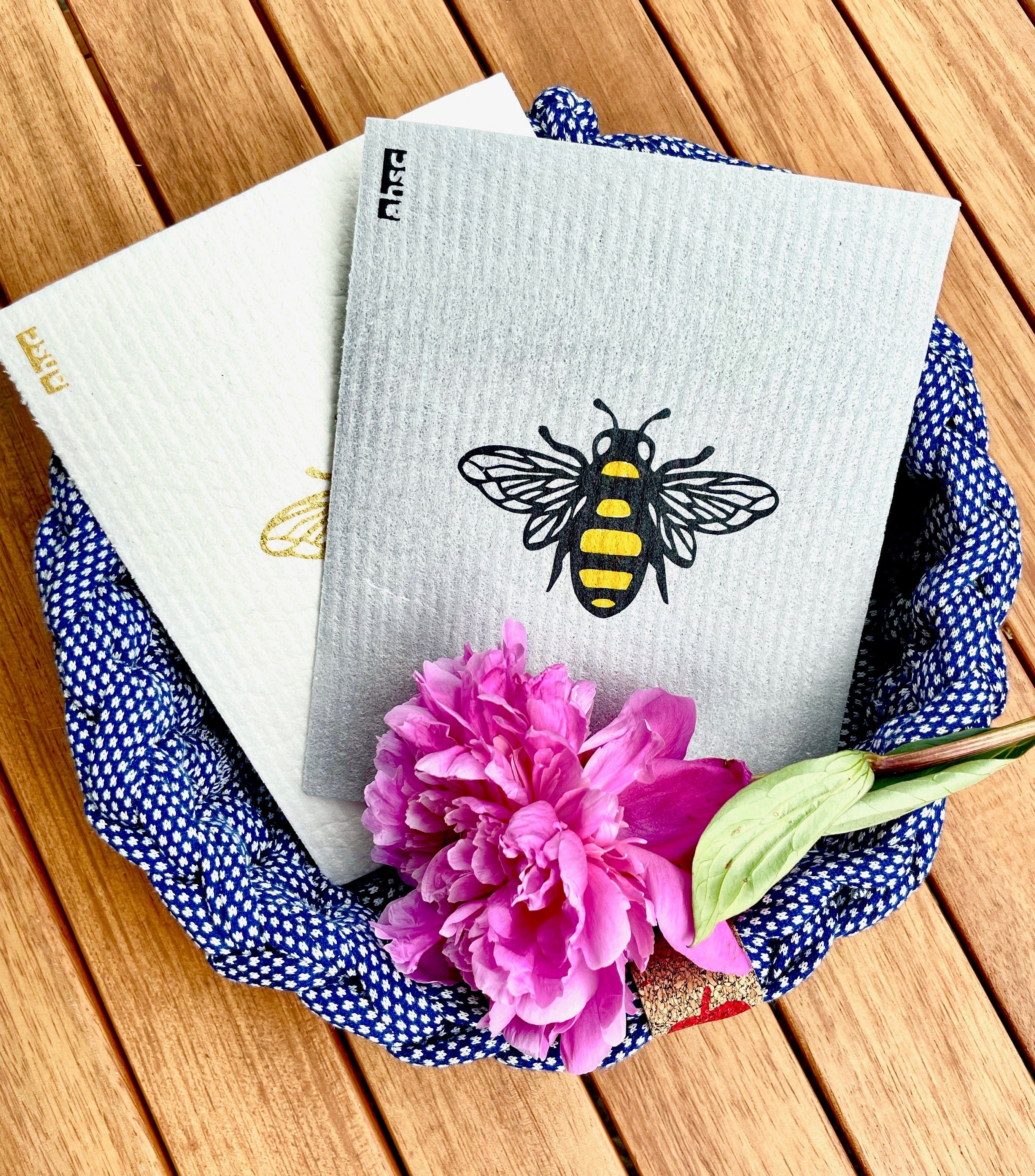 Bees & Bugs on Grey Swedish Dishcloth