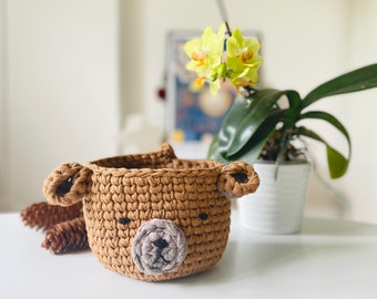 Cute Crochet Recycled Yarn Barley Bear Basket - Brown Bear Storage basket - eco - Handmade - FREE UK DELIVERY