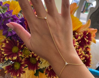 Dainty Gold Hand Chain Bracelet with crystal pendants