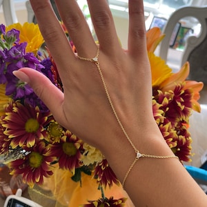 Dainty Gold Hand Chain Bracelet with triangle crystal pendants