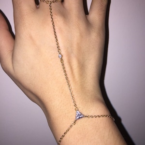 Dainty Gold Hand Chain Bracelet Triangle Crystal Pendant