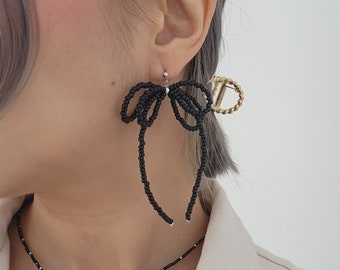 bow studs, ribbon tassels, beaded bow earrings, pearl tassel studs, beaded bow earrings