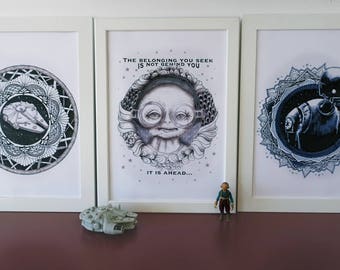 Star Wars mandala set, prints of my original drawings. Maz Kanata, K2SO, Millennium Falcon, zendoodle typography quote art.