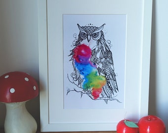 Rainbow Owl zentangle, zendoodle art, Print of my original painting.