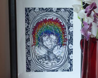 Let love grow. Original drawing, signature rainbow heart-trees and zentangle art.