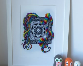 Abstract rainbow zentangle mandala, hand drawn original zendoodle artwork.