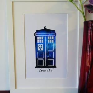 Può includere: Una stampa incorniciata bianca con una silhouette blu e bianca di un TARDIS con un simbolo femminile sulla porta. Il testo "THE FUTURE IS female" è sotto l'immagine.