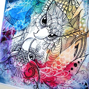 Rainbow yinyang zentangle owls. Zendoodle owl art, print of my original painting.