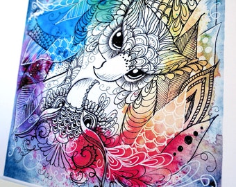 Rainbow yinyang zentangle owls. Zendoodle owl art, print of my original painting.