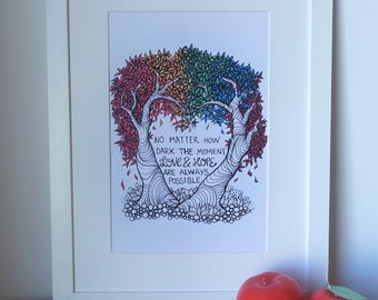 Love & Hope typography, rainbow heart-tree zendoodle print.