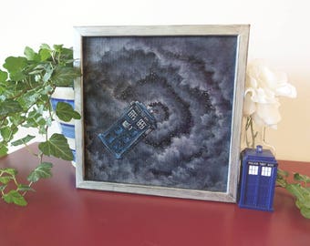 Galaxy spiral flying Tardis, framed original acrylic painting!