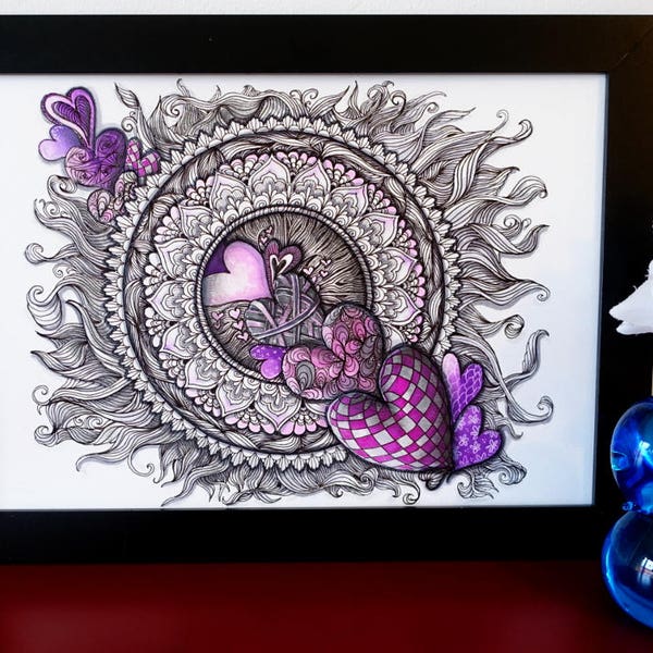 Heartstring, original Zentangle mandala illustration.