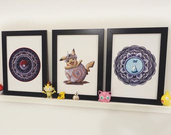 Gotta catch them all. Pokemon themed 3-piece set of prints, Pikachu, Pokemon go, mandala, geek art!