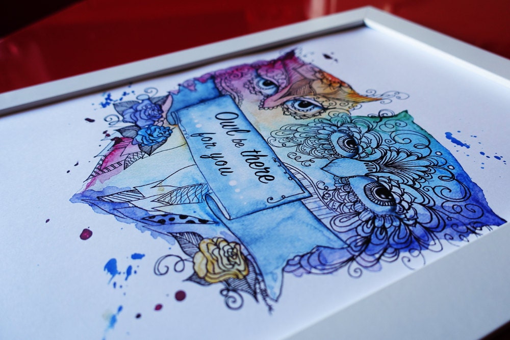 Rainbow owls, zentangle art. Print of my watercolor painting.