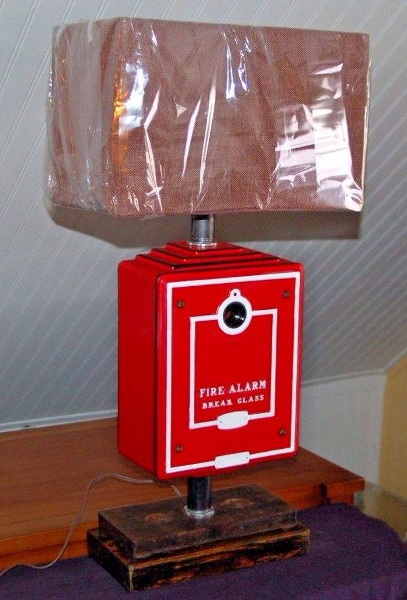 Autocall Fire Alarm Table Lamp Firefighter Industrial Fireman Red Glass