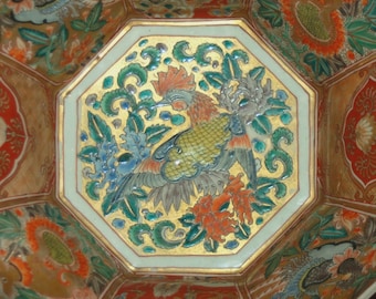 Antique JAPANESE IMARI Bowl 13" HICHOZAN Artia Porcelain Meiji Dragon Phoenix Fukagawa