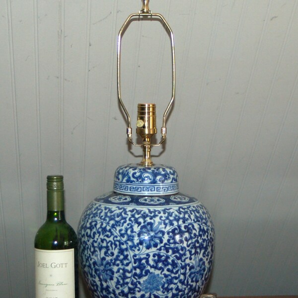 Chinese Blue and White Canton GINGER JAR Lamp Large Porcelain Vase Brass Blue and White L