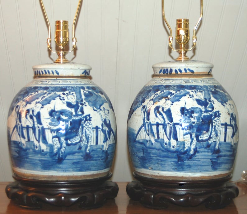 Chinese Ginger Jar Lamps Blue White Porcelain Qilin Boys Foo Etsy