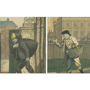 May include: Two vintage illustrations depicting street scenes. One shows a figure carrying a large sack, exiting a doorway. The other shows a person holding out a handful of greens, with a basket of greens at their side. Both figures are dressed in period clothing.