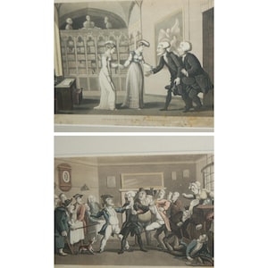 May include: Two framed antique prints depicting scenes with figures in period clothing. The top print shows a room with bookshelves and figures interacting. The bottom print shows a crowded scene with several figures in a room. The prints are in black and white with some color.