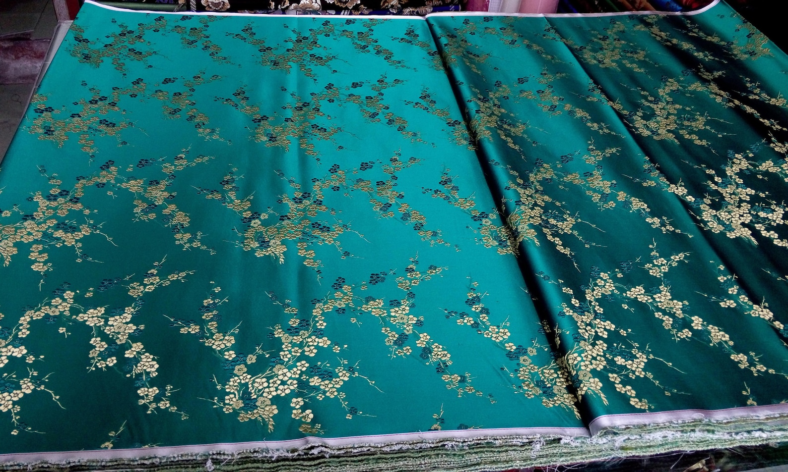 Chinese traditional silk brocade fabric emerald green back | Etsy