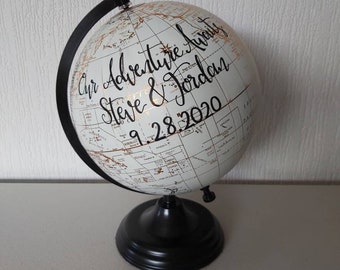 Hand Painted Globe. Travel gift. Wedding guest book. Painted globe. Travel quote.