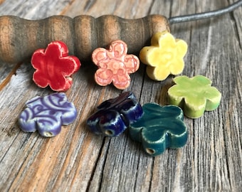 7 Ceramic Flower Bead Set | Rainbow Colors Stoneware beads | Pottery Pressed Flower beads | Pottery Beads | Ceramic Jewelry Supply