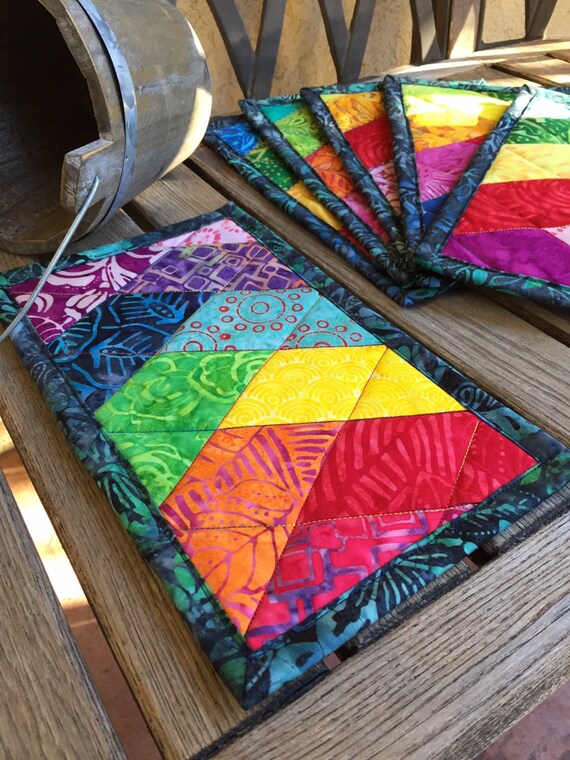 1 Rainbow Batik Friendship Braid Mug Rug 6 x 10 Scrappy