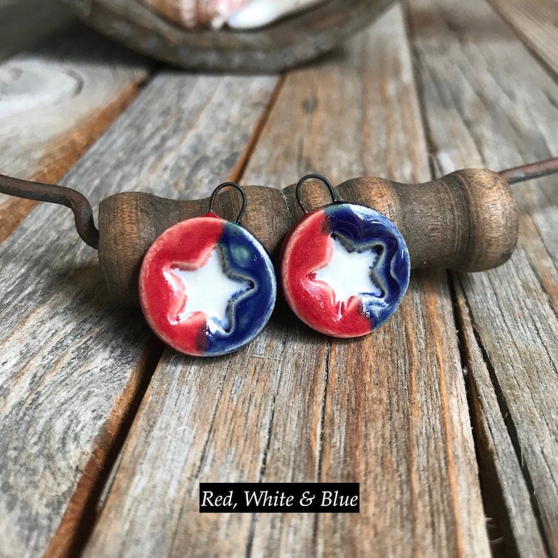 1 Pair Ceramic Mini Americana Star Earring Findings Rustic July 4th DIY Jewelry DIY Patriotic Earring Round Pottery Star Charms