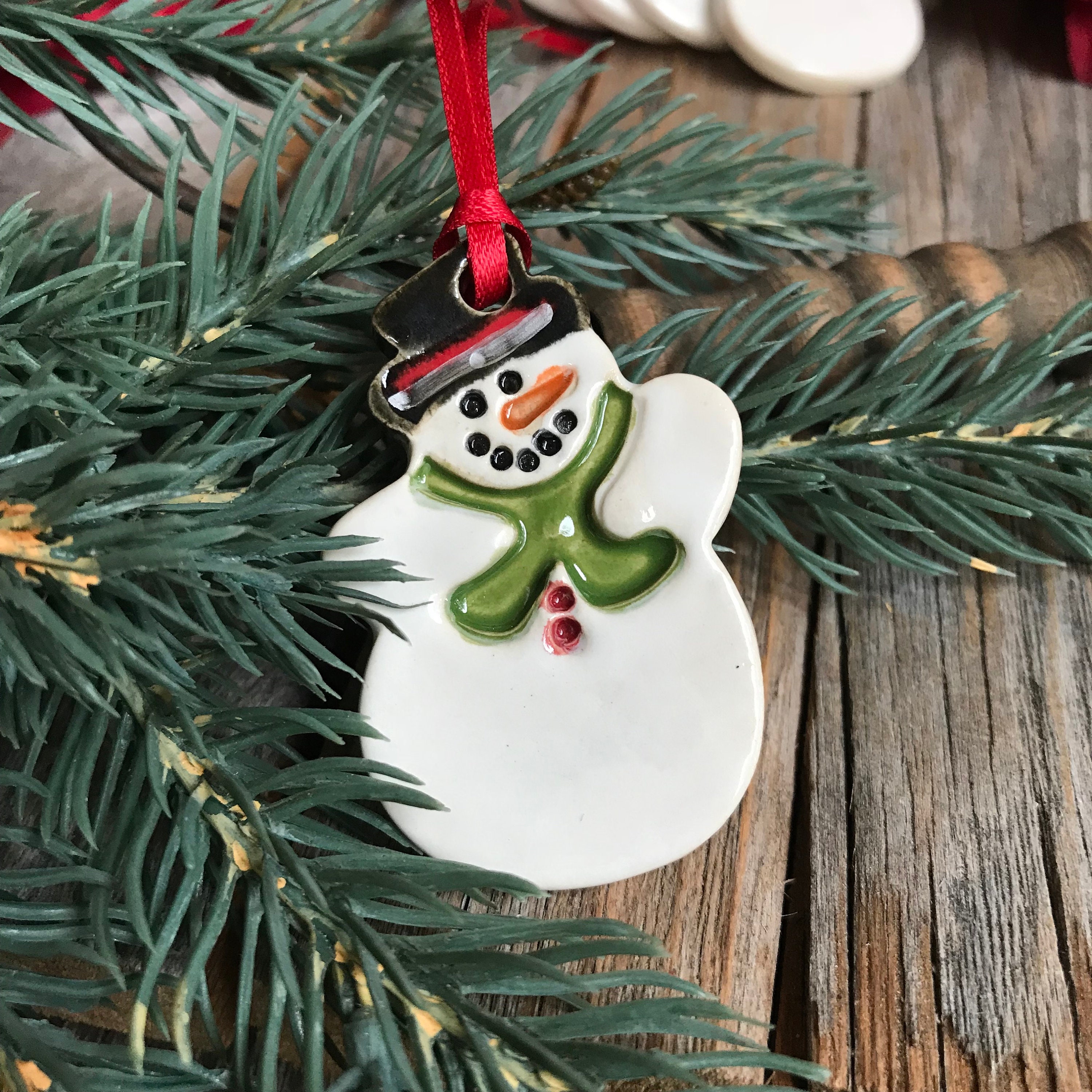 1 Ceramic Snowman Ornament Christmas Snowman Ornament Etsy