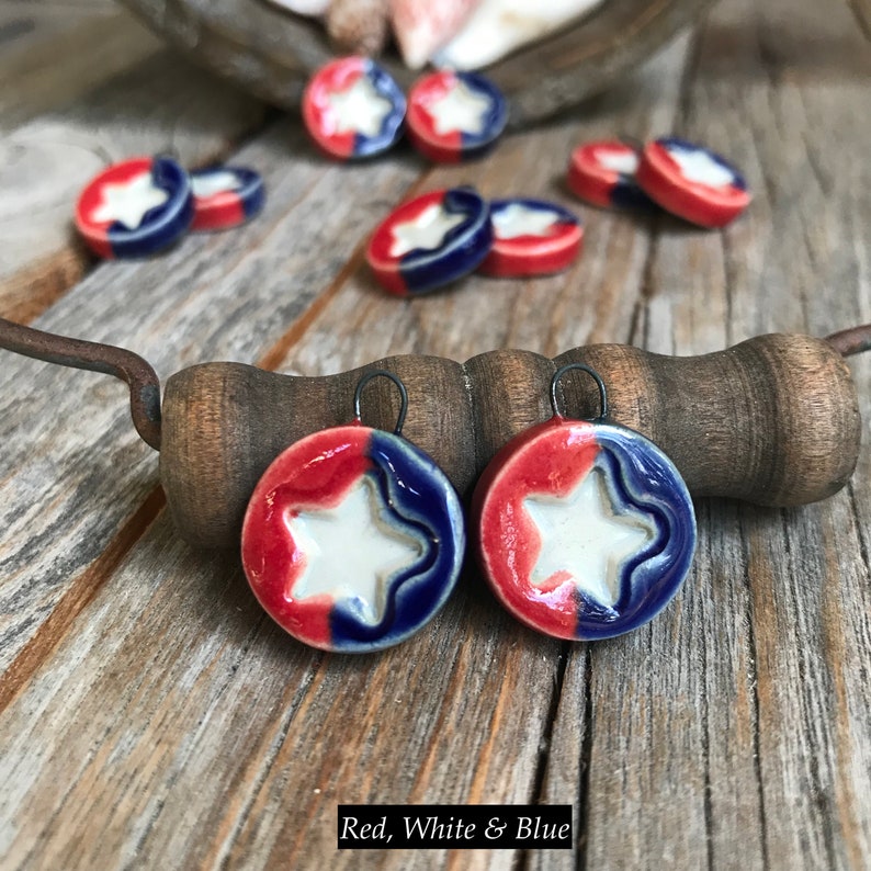 1 Pair Ceramic Mini Americana Star Earring Findings Rustic July 4th DIY Jewelry DIY Patriotic Earring Round Pottery Star Charms