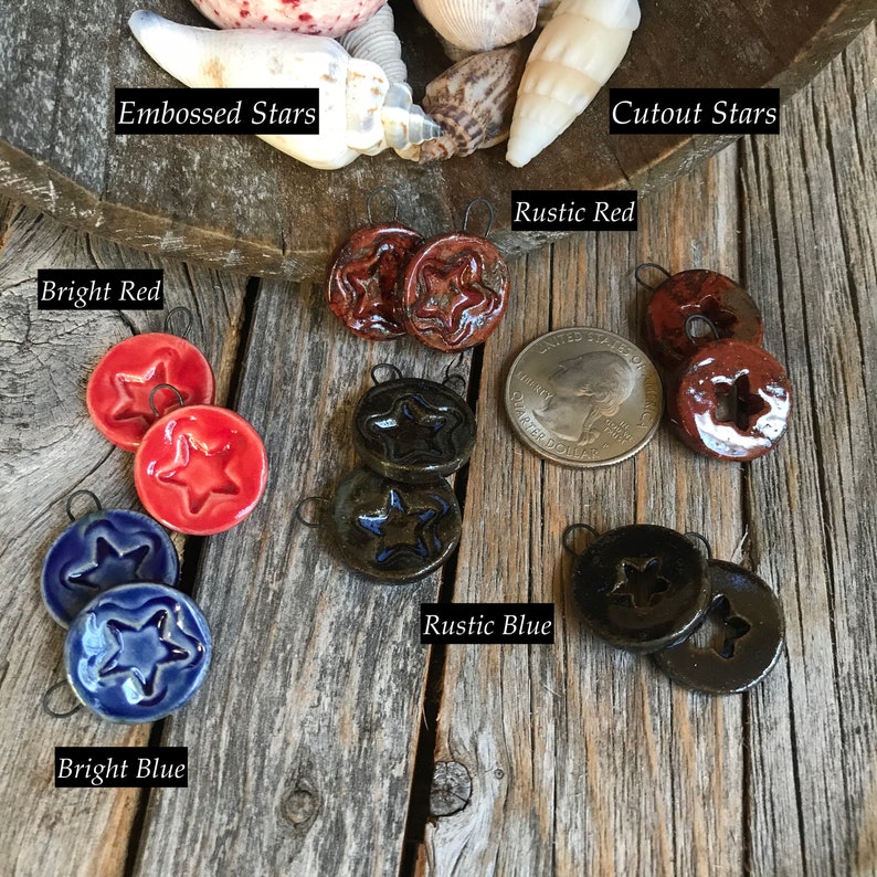 1 Pair Ceramic Mini Americana Star Earring Findings Rustic July 4th DIY Jewelry DIY Patriotic Earring Round Pottery Star Charms
