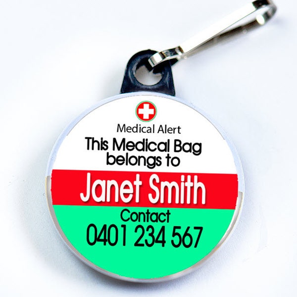 Medic Alert, Medical Bag with Owner's Name & Contact Number, Pin Button with zipper pull tab attachment hook, Medical Alert  Tag