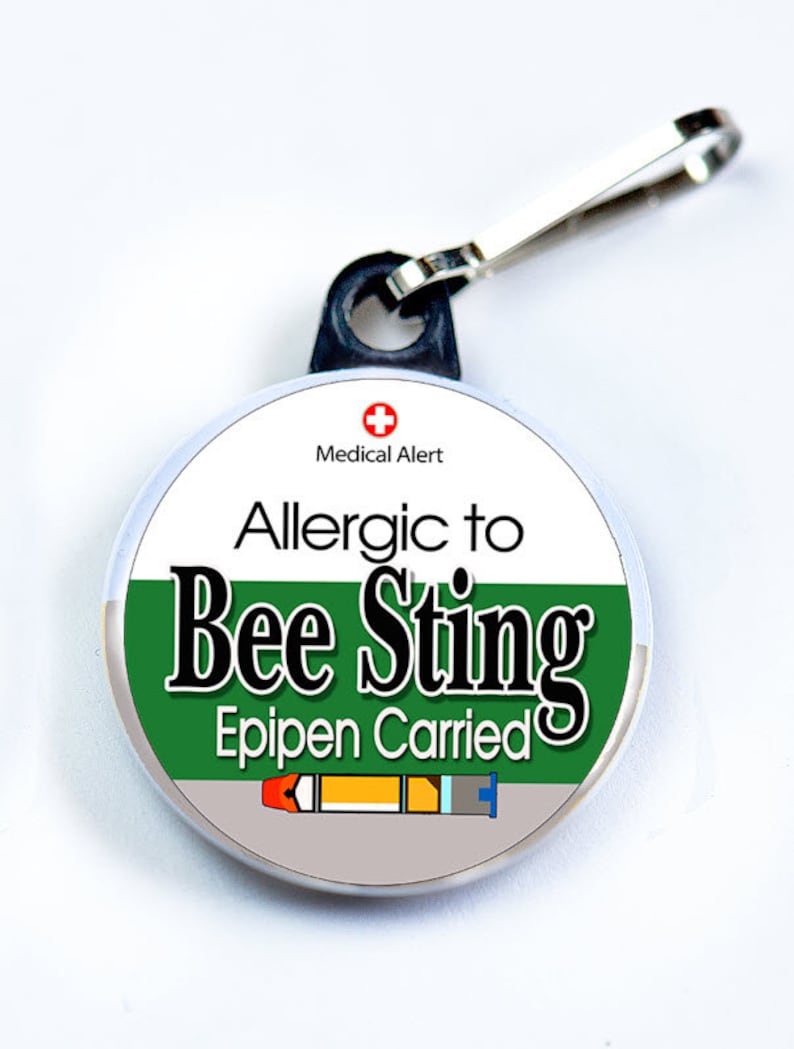 Medic Alert, Allergic to Bee Sting Epipen Carried, Metal Button with zipper pull tab attachment hook, Medical Alert Tag image 4