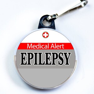 Medic Alert, Epilepsy - Medic Alert, Pin Button with zipper pull tab attachment hook, Medical Alert  Tag
