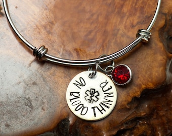 Medic Alert, On Blood Thinner, Bangle with Handstamped charm, Medical Alert