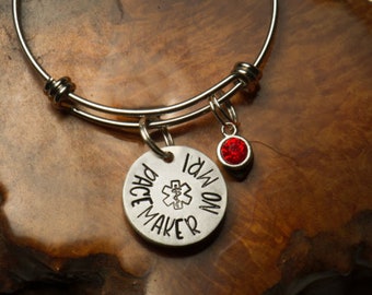 Medic Alert, Pacemaker - No MRI, Bangle with Handstamped Charm, Medical Alert