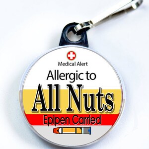 Alerte médicale, allergie aux noix et aux épidermes, bouton en métal avec crochet de fixation pour tirette, étiquette d'alerte médicale Yellow