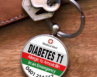 Medic Alert, Customized, Diabetes with a Single Allergy & Contact Number, Medic Alert Keyring, Medical Alert  Tag