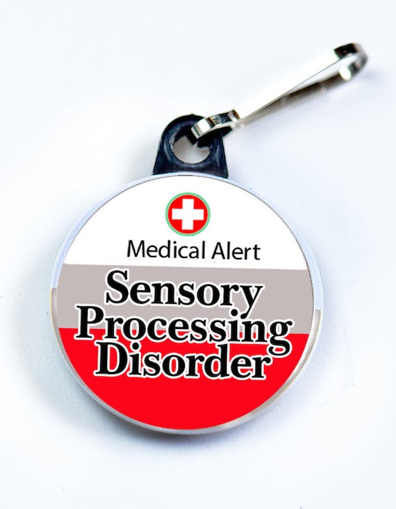 Medic Alert, Sensory Processing Disorder, Metal Button with zipper pull tab attachment hook, Medical Alert  Tag