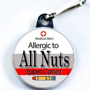 Alerte médicale, allergie aux noix et aux épidermes, bouton en métal avec crochet de fixation pour tirette, étiquette d'alerte médicale Gray