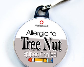 Medic Alert, Allergic to Tree Nuts & Epipen Carried, Metal Button with zipper pull tab attachment hook, Medical Alert  Tag