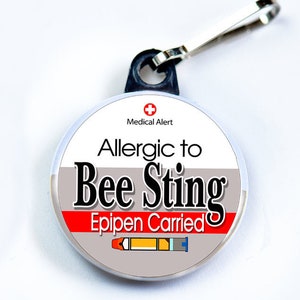 Medic Alert, Allergic to Bee Sting Epipen Carried, Metal Button with zipper pull tab attachment hook, Medical Alert Tag Gray