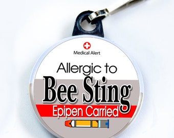 Medic Alert, Allergic to Bee Sting - Epipen Carried, Metal Button with zipper pull tab attachment hook, Medical Alert  Tag