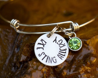 Medic Alert, Bangle with Handstamped charm for Bee Sting Allergy