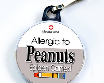 Medic Alert, Allergic to Peanuts & Epipen Carried, Metal Button with zipper pull tab attachment hook, Medical Alert  Tag