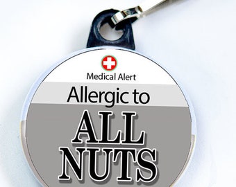 Medic Alert, Allergic to All Nuts, Metal Pin Button with zipper pull tab attachment hook, Medical Alert  Tag