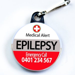 Medic Alert Epilepsy - Emergency Contact Number, Metal Button with zipper pull tab attachment hook, Medical Alert  Tag